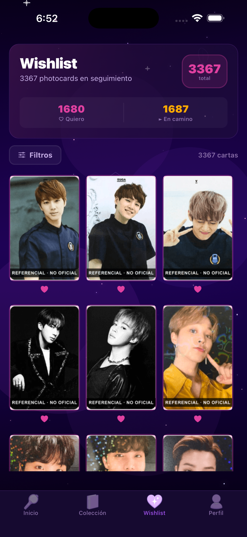 Wishlist con photocards pendientes